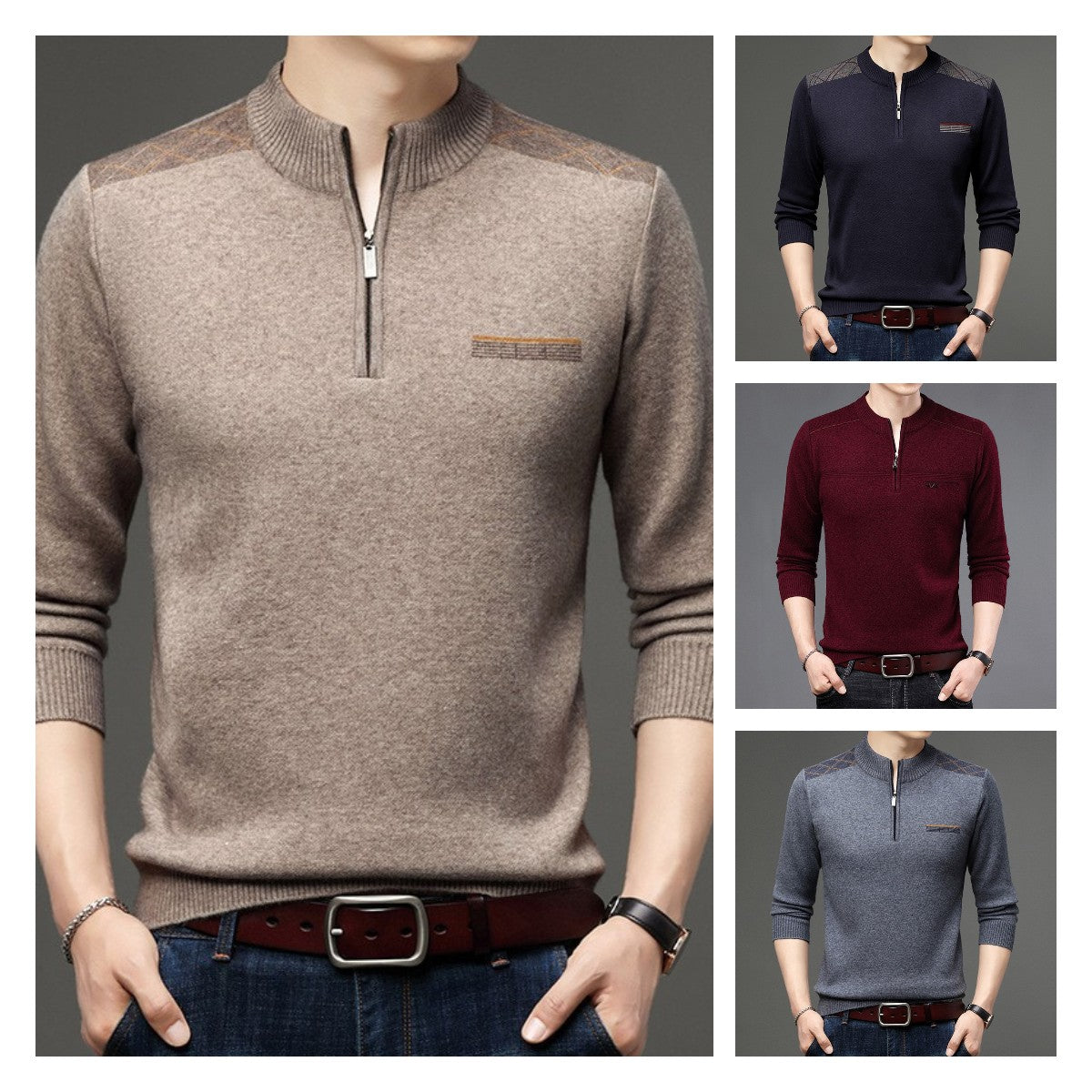 🔥【Есенни промоции 50% отстъпка】🌟Зимен удебелен мъжки топъл плетен вълнен пуловер 2025, пуловер с цип и кръгло деколте, свободен и ежедневен✅【55-120 кг】