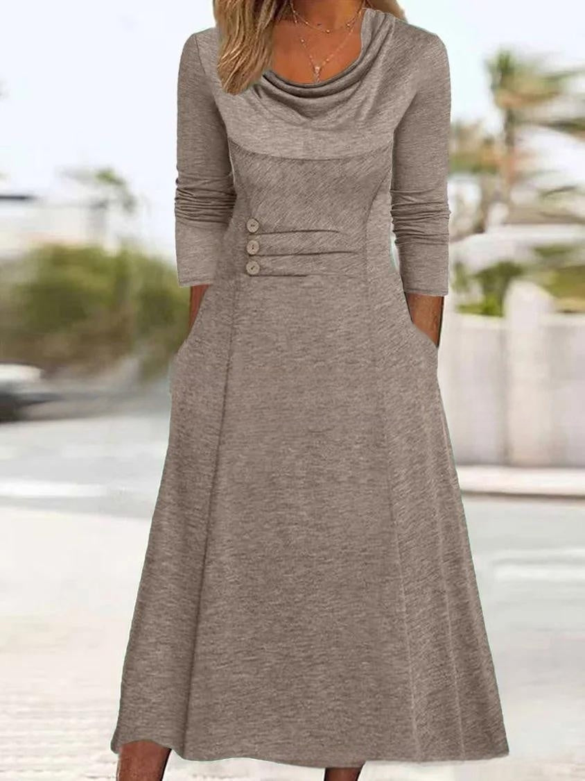 🍁【Ново пролетно поступление🔥】【S-3XL】👗 Елегантна едноцветна рокля с джобове и обло деколте