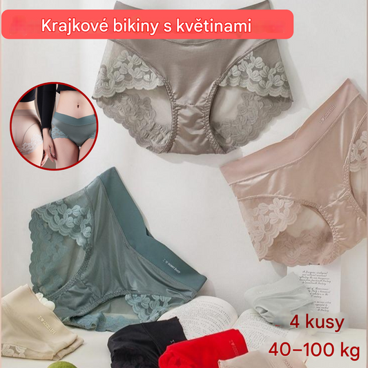 【4dílná sada】【40-100kg】🔥 Dámské spodní prádlo s krajkou a vysokým pasem pro kontrolu bříška, zvedá hýždě, je prodyšné a pohodlné.