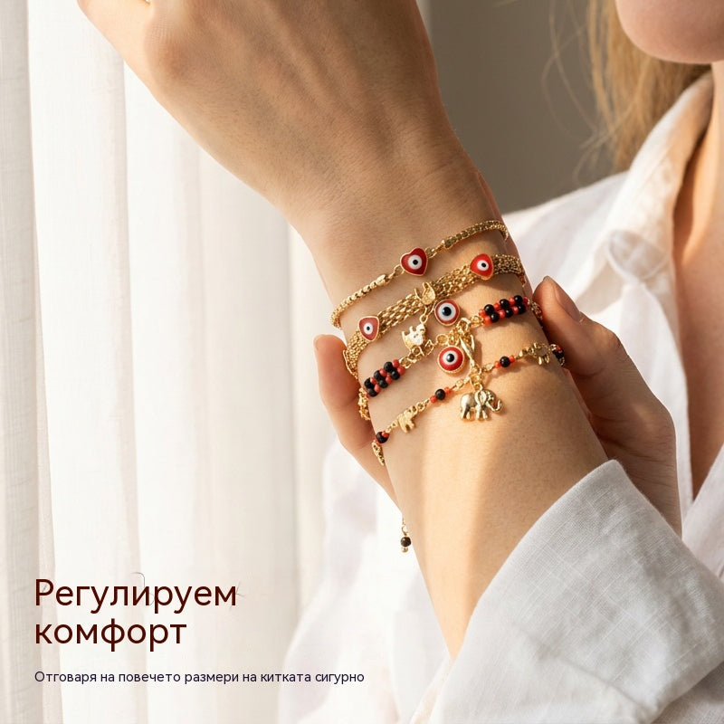 📿 ОГРАНИЧЕНА ВРЕМЕВА ОФЕРТА 50% ОТСТЪПКА! 🌀 Бохо гривна с уроки и слонче за късмет – символични висулки, регулируема форма, златно покритие и 7 стила ✨