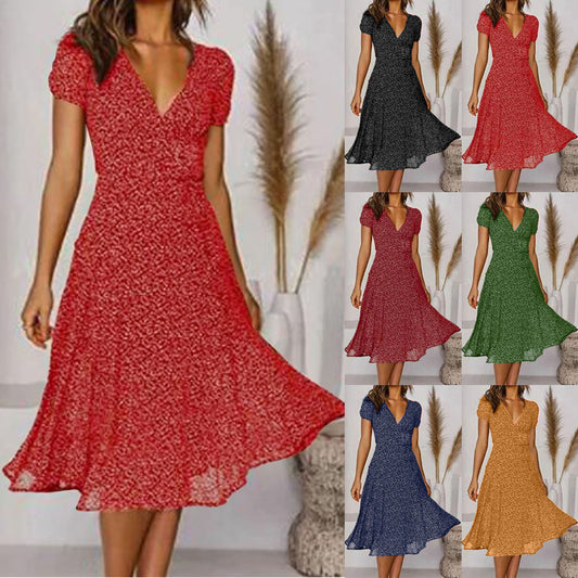 🌈💃👗😍Nova modna ženska obleka s pikami, V-izrezom in kratkimi rokavi, šifonska obleka s pikami