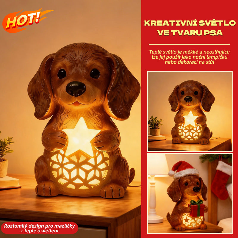 🎄🐶💡50% sleva🔥Vánoční světelná socha psa, vánoční ozdoba na čepici, svítící dárková krabička, pryskyřičný vánoční dárek