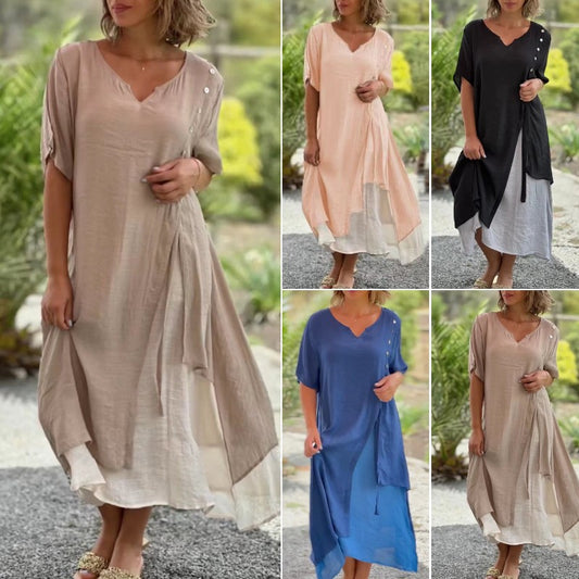 😍Nova spomladansko-poletna modna lažna dvodelna asimetrična obleka z V-izrezom in kratkimi rokavi