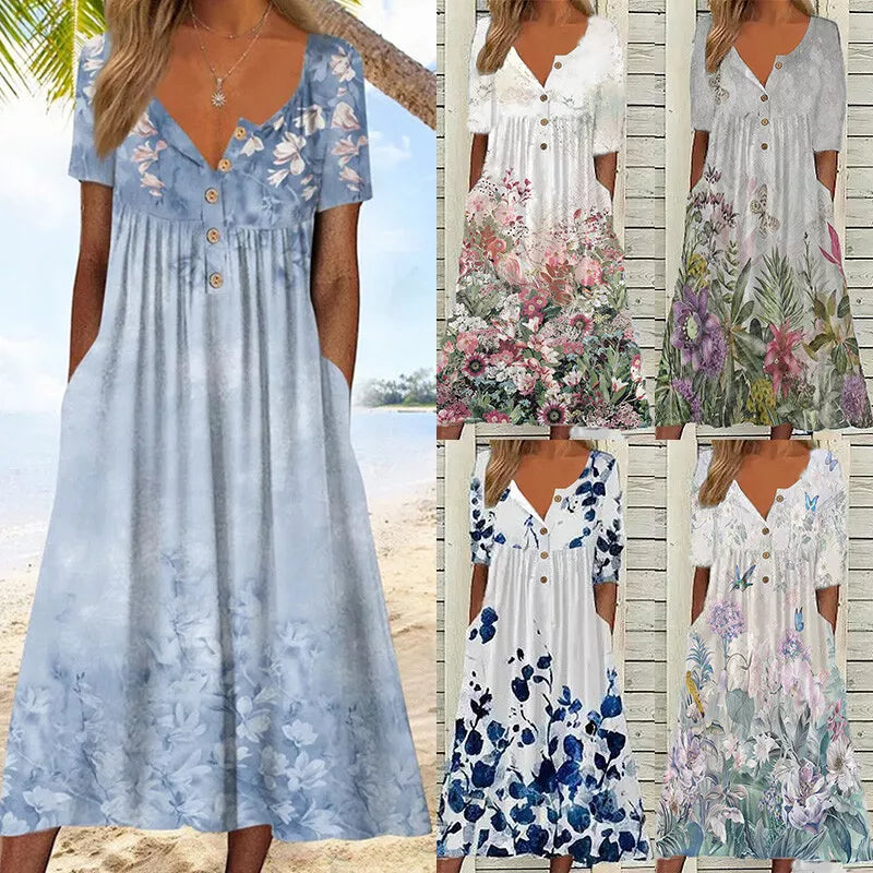 💕【M-5XL】Poletna nova modna obleka s kratkimi rokavi in V-izrezom za leto 2025, moden potisk in žepi