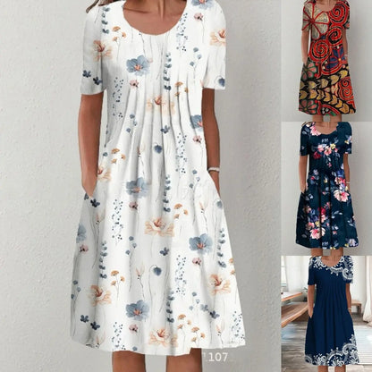 【S-5XL】🌺🌺 Okrągły dekolt sprawi, że będziesz wyglądać na wyższą i szczuplejszą. Modna sukienka z nadrukiem. ✅️ Płatność przy odbiorze