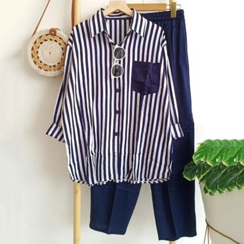 [S-5XL] 🌸 Costum casual din două piese pentru femei, cu dungi, pentru primăvară și vară - plăcut la atingere, moale și versatil