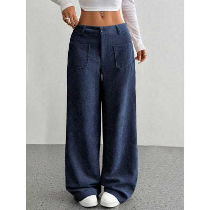 👖👖【50% отстъпка】Нови дамски ежедневни кадифени панталони, с висока талия, много джобове, свободна кройка, дълги до пода и широки крачоли