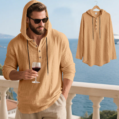 👔50% de descuento🏆【40-100kg】Camisa Henley de manga larga con capucha, transpirable y de lino para hombre, de corte holgado, ideal para la playa.✅Pago contra entrega ✅Pago contra entrega