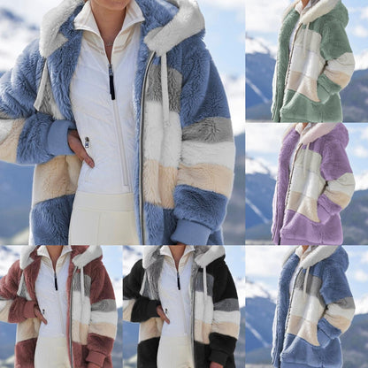 ✨❄️【50% zniżki】[S-5XL] 2025 Nowa damska kurtka w paski z grubego pluszu na jesień i zimę w kontrastowym kolorze