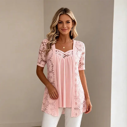 👚 Elegantný sieťovaný top 2 v 1 s čipkou – tvaruje a zoštíhľuje bruško, dostupný v 5 farbách, veľkostiach S–4XL! 🌸✨