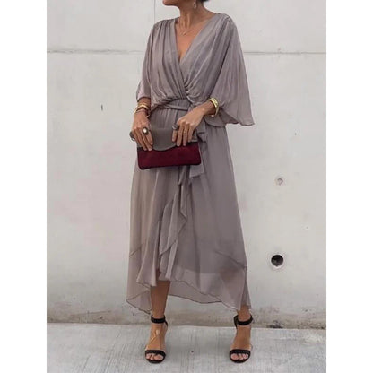 👗Večbarvna čipkasta šifonska obleka brez rokavov in netopirjevih rokavov