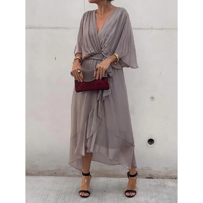 👗Večbarvna čipkasta šifonska obleka brez rokavov in netopirjevih rokavov