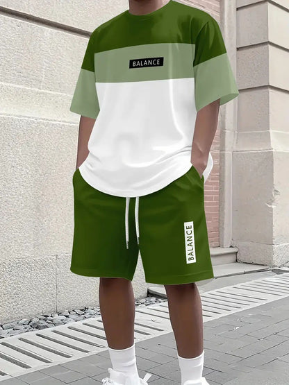 【S-5XL】Stylowy męski komplet składający się z koszulki z nadrukiem i spodenek, modny dwuczęściowy komplet, wygodny zarówno na co dzień, jak i na sportowo.