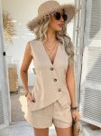 💖💋【2-delni komplet】【S-XL】Enobarvni praznični jopica z gumbi, brezrokavnik in kratke hlače