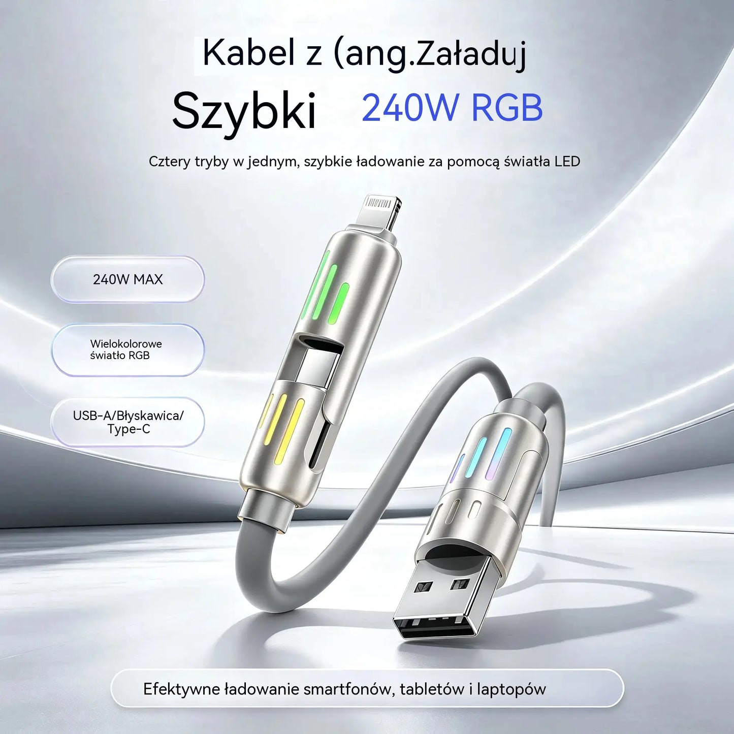 🔥 (2 m długości) 4-w-1 kabel do szybkiego ładowania PD 240 W – obsługuje szybkie ładowanie USB-C, Lightning i USB-A; wykonany ze stopu aluminium i silikonu; obsługuje synchronizację danych ⚡📱