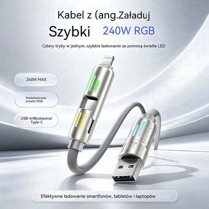 🔥 (2 m długości) 4-w-1 kabel do szybkiego ładowania PD 240 W – obsługuje szybkie ładowanie USB-C, Lightning i USB-A; wykonany ze stopu aluminium i silikonu; obsługuje synchronizację danych ⚡📱