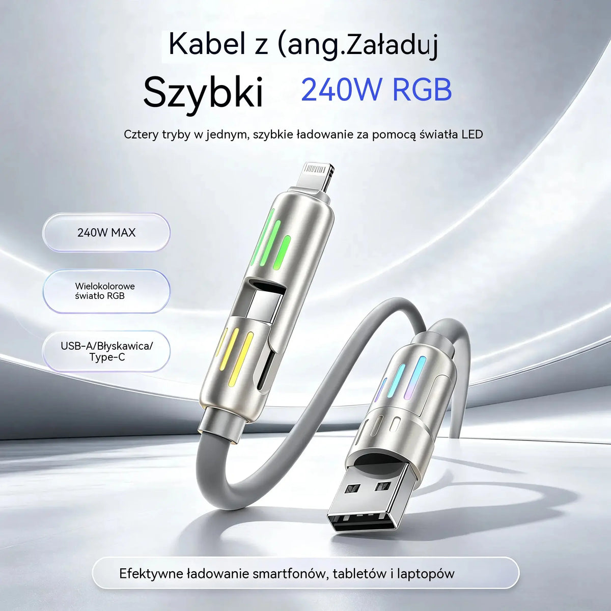 🔥 (2 m długości) 4-w-1 kabel do szybkiego ładowania PD 240 W – obsługuje szybkie ładowanie USB-C, Lightning i USB-A; wykonany ze stopu aluminium i silikonu; obsługuje synchronizację danych ⚡📱