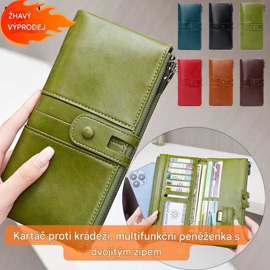 💼【50% sleva】【6 barev】Multifunkční peněženka, ručně vyrobená z pravé kůže, kartáč proti krádeži, dvojitý zip