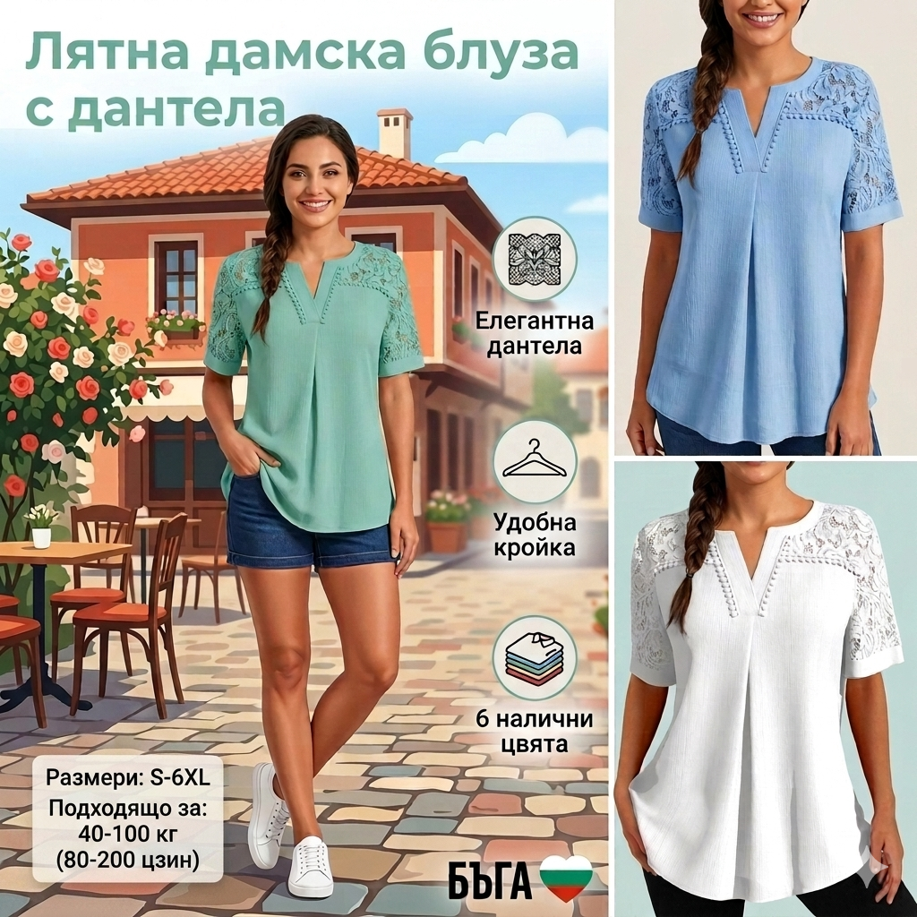 ✨🎉Модерна дамска дантелена тениска с къс ръкав, удобна и ежедневна, удобна за излизане