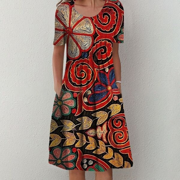 【50% отстъпка】【S-5XL】 🌺🌺 Модерна рокля с обло деколте и шарки.