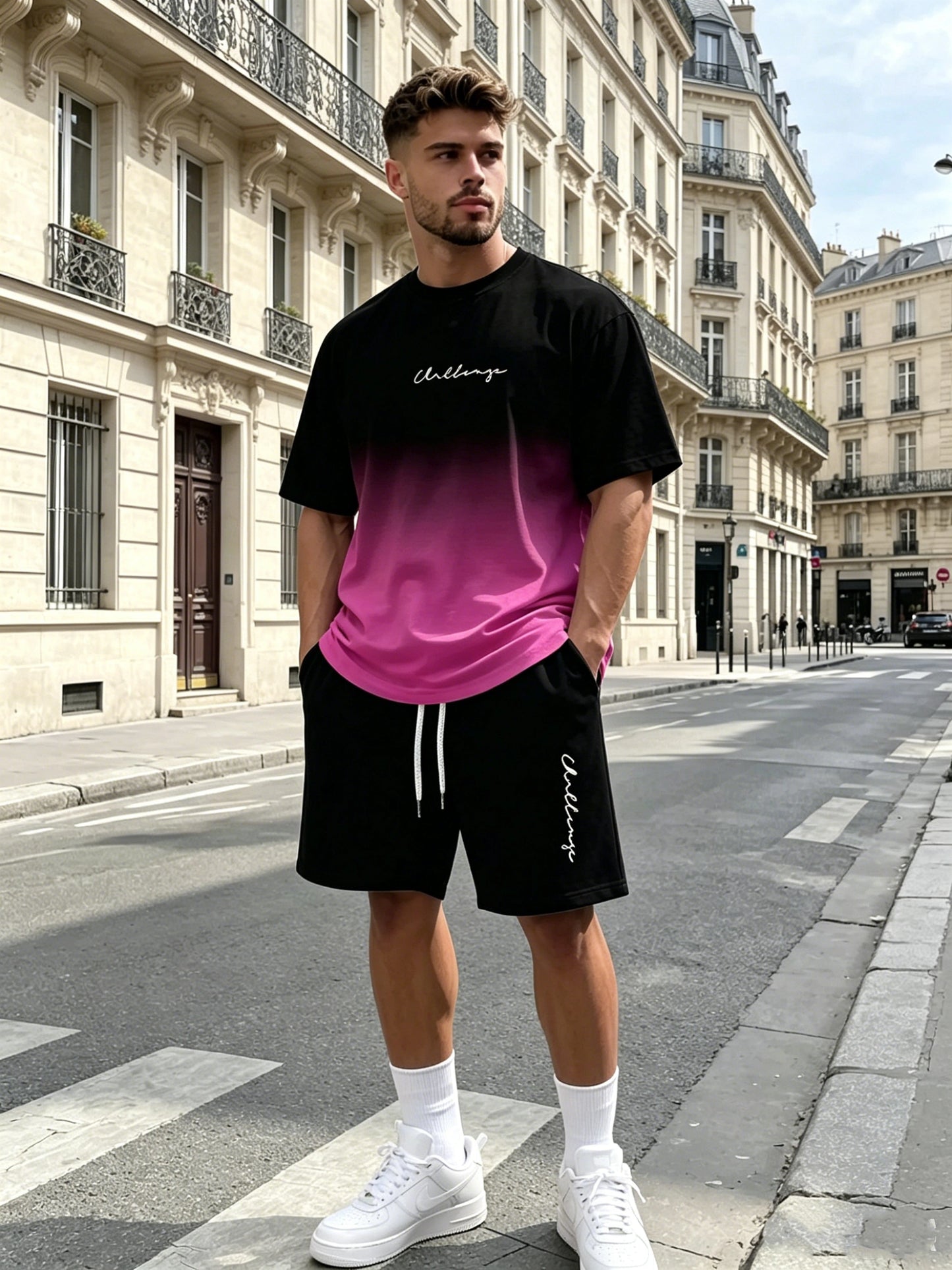 【S-5XL】Stylowy męski komplet składający się z koszulki z nadrukiem i spodenek, modny dwuczęściowy komplet, wygodny zarówno na co dzień, jak i na sportowo.