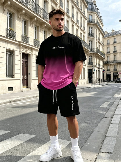 【S-5XL】Stylowy męski komplet składający się z koszulki z nadrukiem i spodenek, modny dwuczęściowy komplet, wygodny zarówno na co dzień, jak i na sportowo.