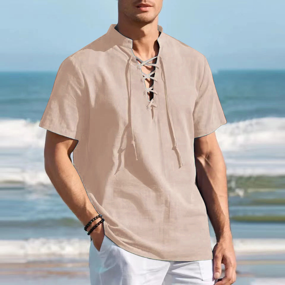 🏄‍♂️👔【50% popust 🔥】【S-3XL】Moška majica Henley, bombaž in lan, velike velikosti, z V-izrezom in okrasno vrvico