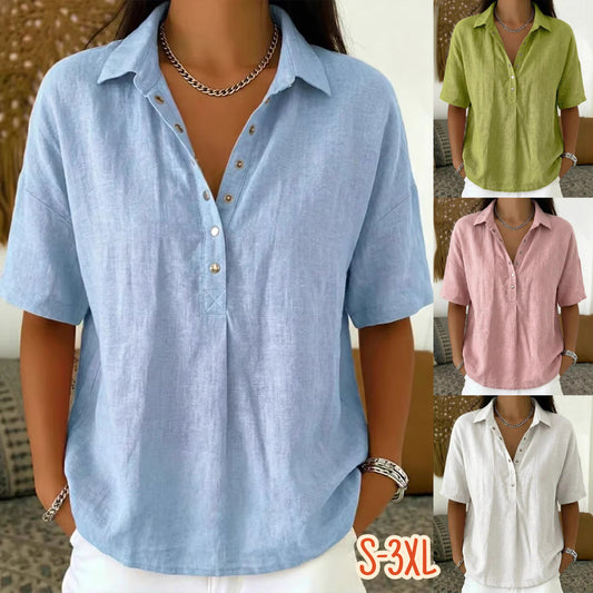 🔥🎉【50% отстъпка✨】【S-3XL】Дамска риза с къс ръкав, смес от памук и лен, с прилепнала кройка, многофункционална и дишаща