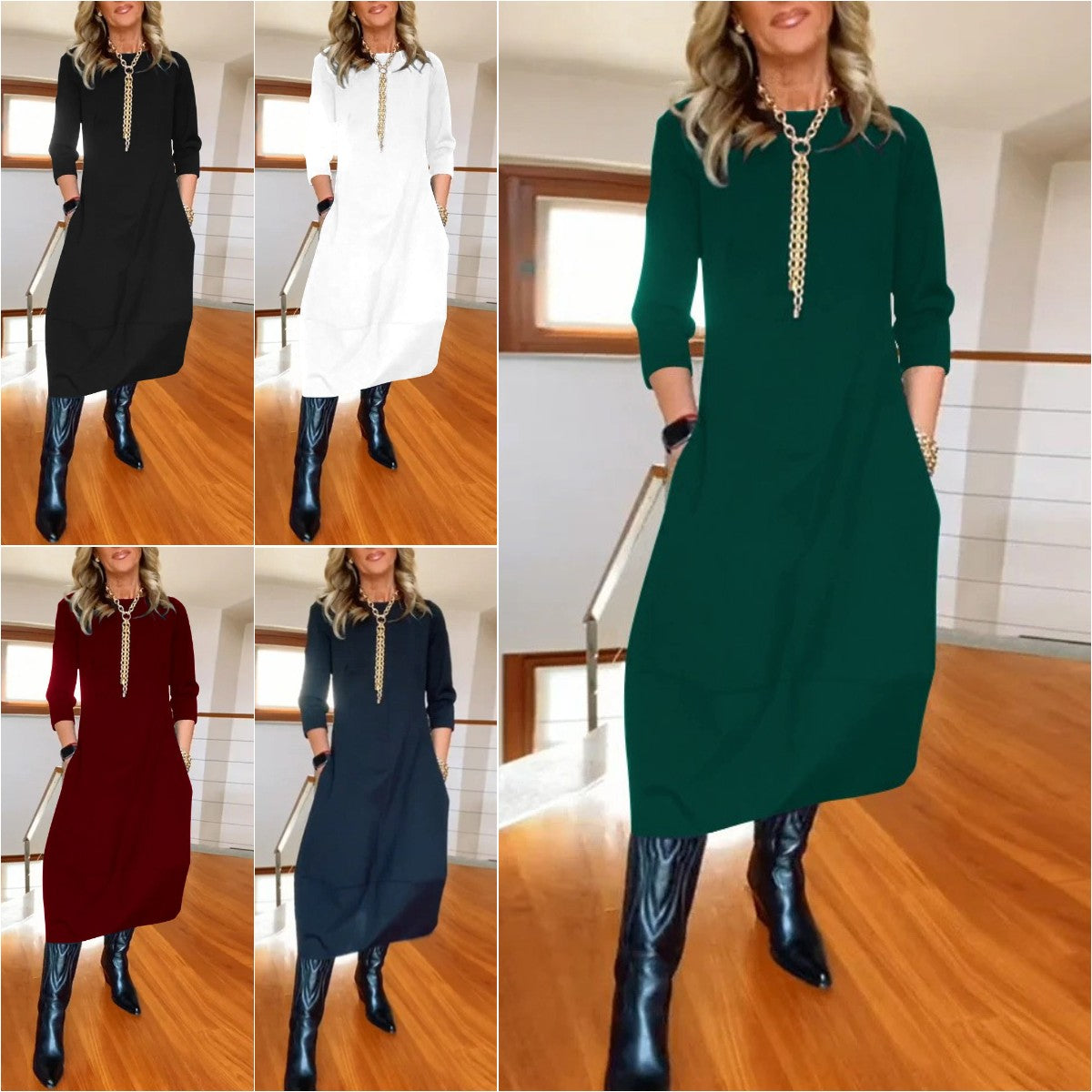 👗【S-5XL】 Jednofarebné dámske šaty s dlhým rukávom – pohodlné a vhodné na každodenné nosenie · jemná zimná zľava