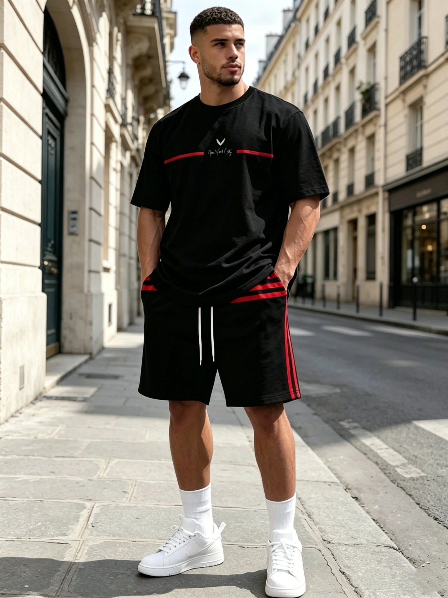 【S-5XL】Stylowy męski komplet składający się z koszulki z nadrukiem i spodenek, modny dwuczęściowy komplet, wygodny zarówno na co dzień, jak i na sportowo.