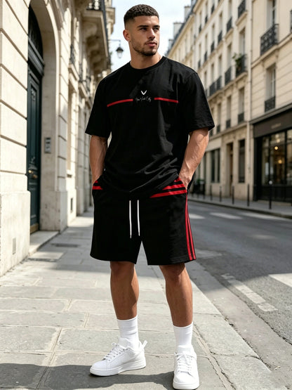 【S-5XL】Stylowy męski komplet składający się z koszulki z nadrukiem i spodenek, modny dwuczęściowy komplet, wygodny zarówno na co dzień, jak i na sportowo.