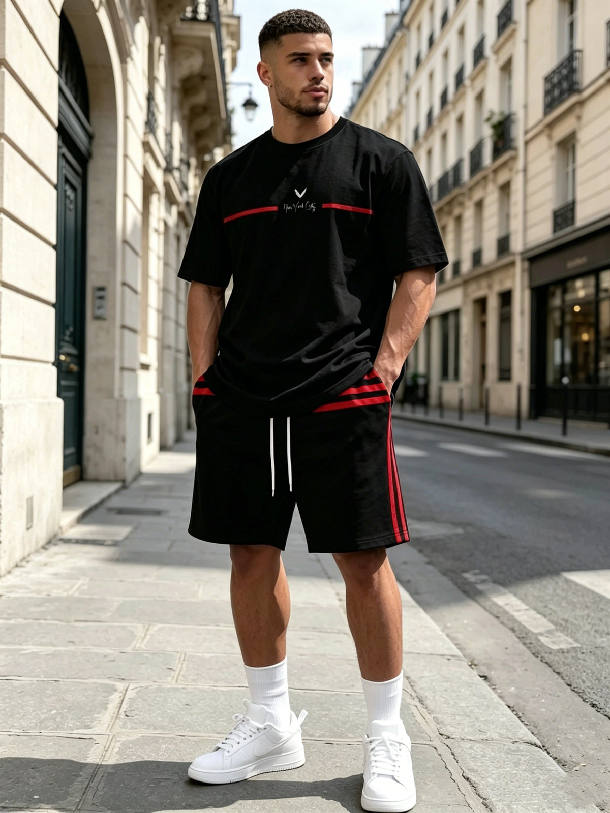 【S-5XL】Stylowy męski komplet składający się z koszulki z nadrukiem i spodenek, modny dwuczęściowy komplet, wygodny zarówno na co dzień, jak i na sportowo.