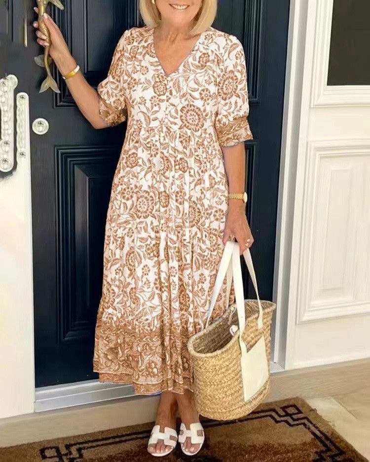 💃【S-3XL】Rochie lungă elegantă cu imprimeu floral și decolteu în V, nouă 2025_3994382