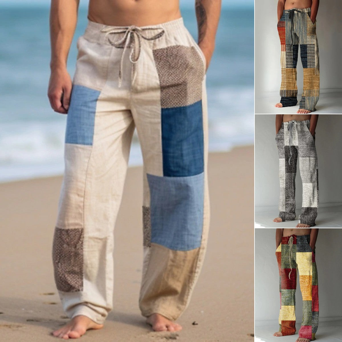 ✨👖【10 barev🌈】【S-6XL】😍 Pánské úzké kalhoty z bavlny a lnu ve větších velikostech, ležérní volný bohémský styl, kalhoty s širokým sedem