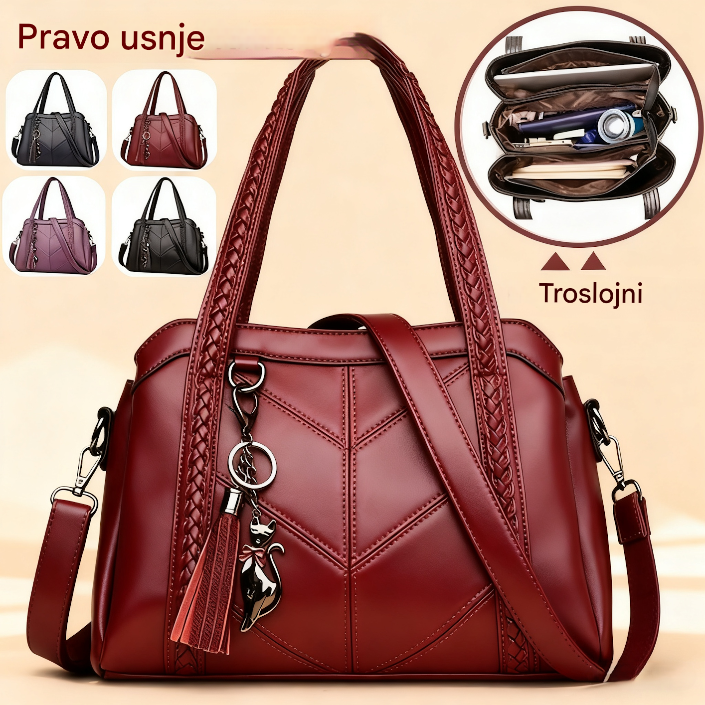 👜💟【50% POPUST】Mehka usnjena torba, ročna torba, velika prostornina, trije predali, vodoodporna in odporna proti praskam