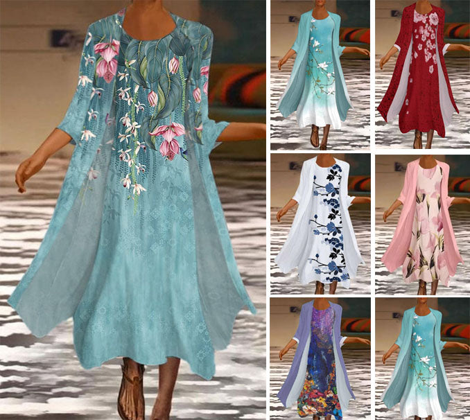 🌻 Descuento -50% 🔥🔥【40-120 kg】Nuevo vestido de mujer con estampado floral, vestido de dos piezas con escote redondo ✅Pago contra entrega