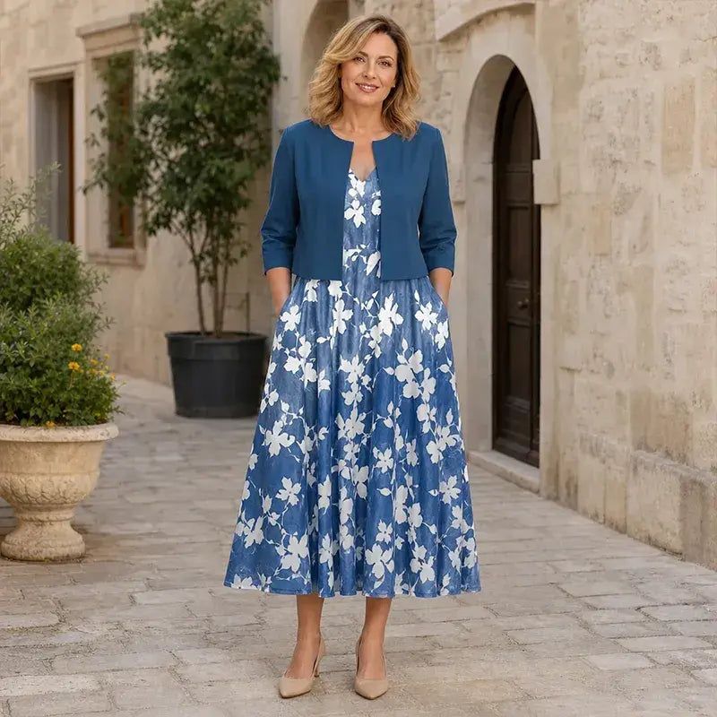 🌸【Długa sukienka z dekoltem w serek + płaszcz】🌸Elegancki dwuczęściowy komplet z kardiganem w etnicznym wzorze