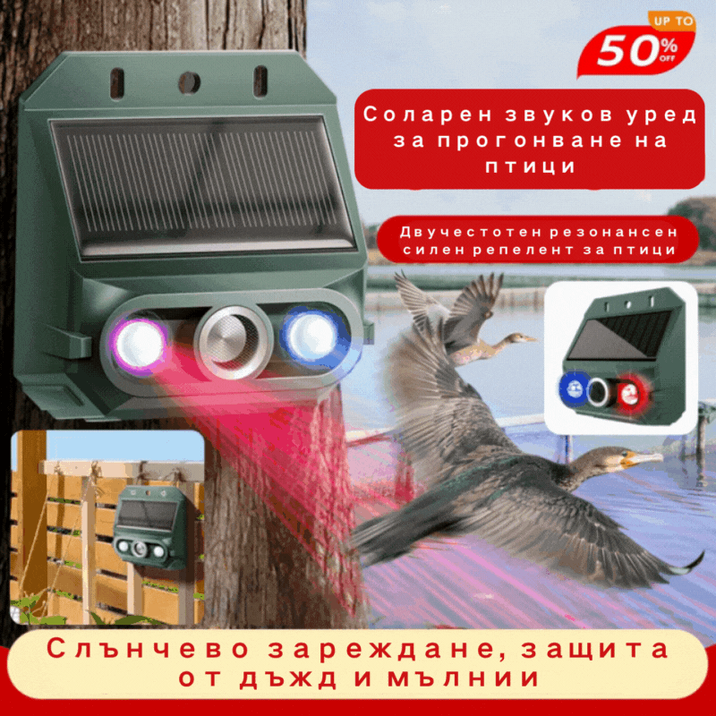 ✨Ограничена 50% отстъпка🔥 Ултразвуков репелент за птици със слънчева енергия за външна употреба с мигащи инфрачервени, червени и сини светодиоди