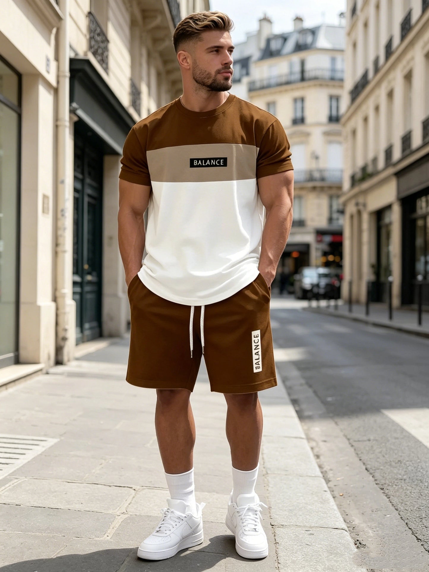 【S-5XL】Stylowy męski komplet składający się z koszulki z nadrukiem i spodenek, modny dwuczęściowy komplet, wygodny zarówno na co dzień, jak i na sportowo.