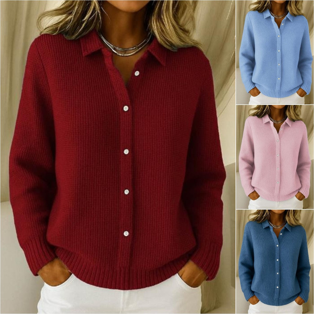 【S-3XL】Štýlový dámsky jednofarebný pletený kardigan