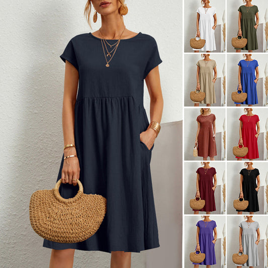 💖💖【8 culori】【S-5XL】Rochie de damă din bumbac și in 2025 cu decolteu rotund și croială lejeră