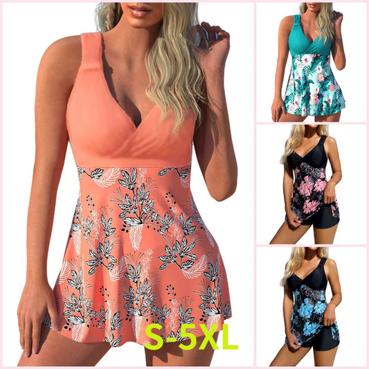 🌴🏖️🌈【50% отстъпка 🔥】【S-5XL】😍Комплект бански костюм с шарки за жени, големи размери, отворен гръб, разделена пола, бързосъхнеща материя