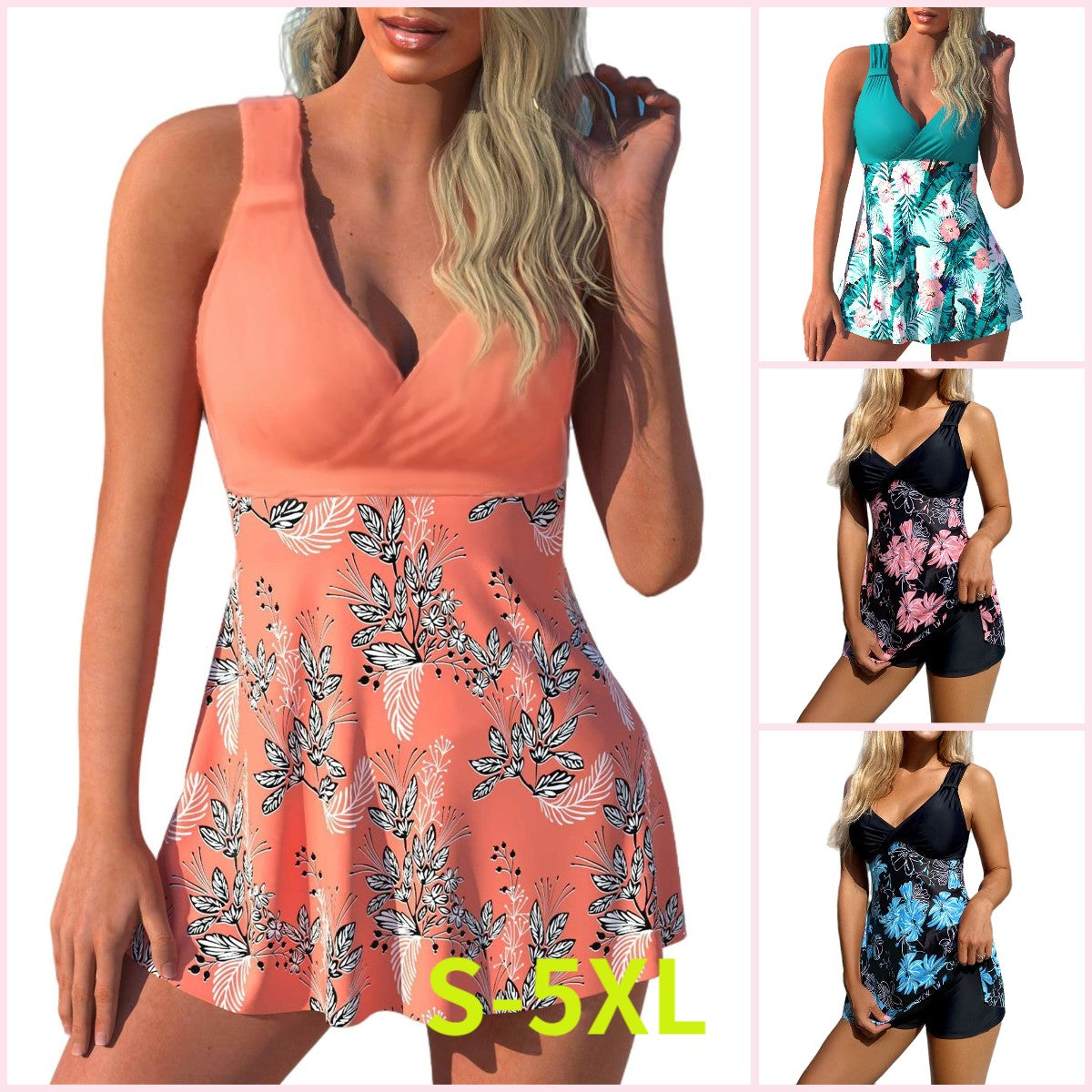 🌴🏖️🌈【50% отстъпка 🔥】【S-5XL】😍Комплект бански костюм с шарки за жени, големи размери, отворен гръб, разделена пола, бързосъхнеща материя