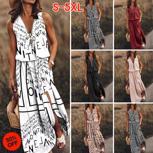 📢Vroča razprodaja🔥💟👗【S-5XL】Nova poletna modna obleka brez rokavov z zadrgo in potiskom v pasu