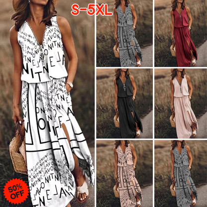 📢Гореща разпродажба🔥💟👗【S-5XL】Нова лятна модна рокля без ръкави с цип и щампа на талията