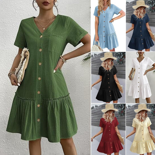 👗🍀Voľné letné šaty z bavlny a ľanu, nariasená spodná časť, každodenné šaty s krátkymi rukávmi