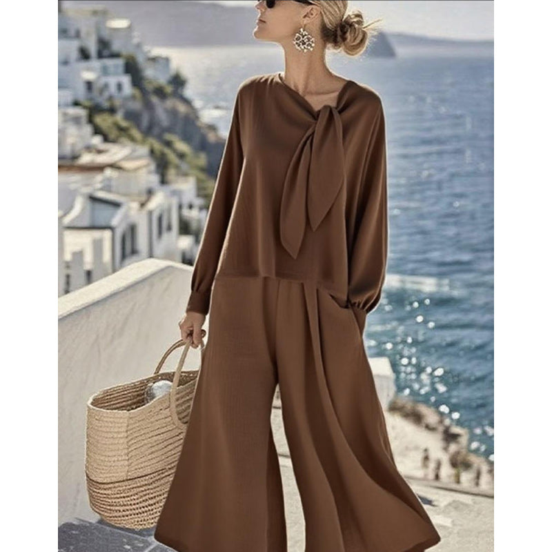 【S-3XL】【40-100KG】👚👖Νέο γυναικείο μοντέρνο, casual μονόχρωμο μακρυμάνικο τοπ και παντελόνι, σετ δύο τεμαχίων✨