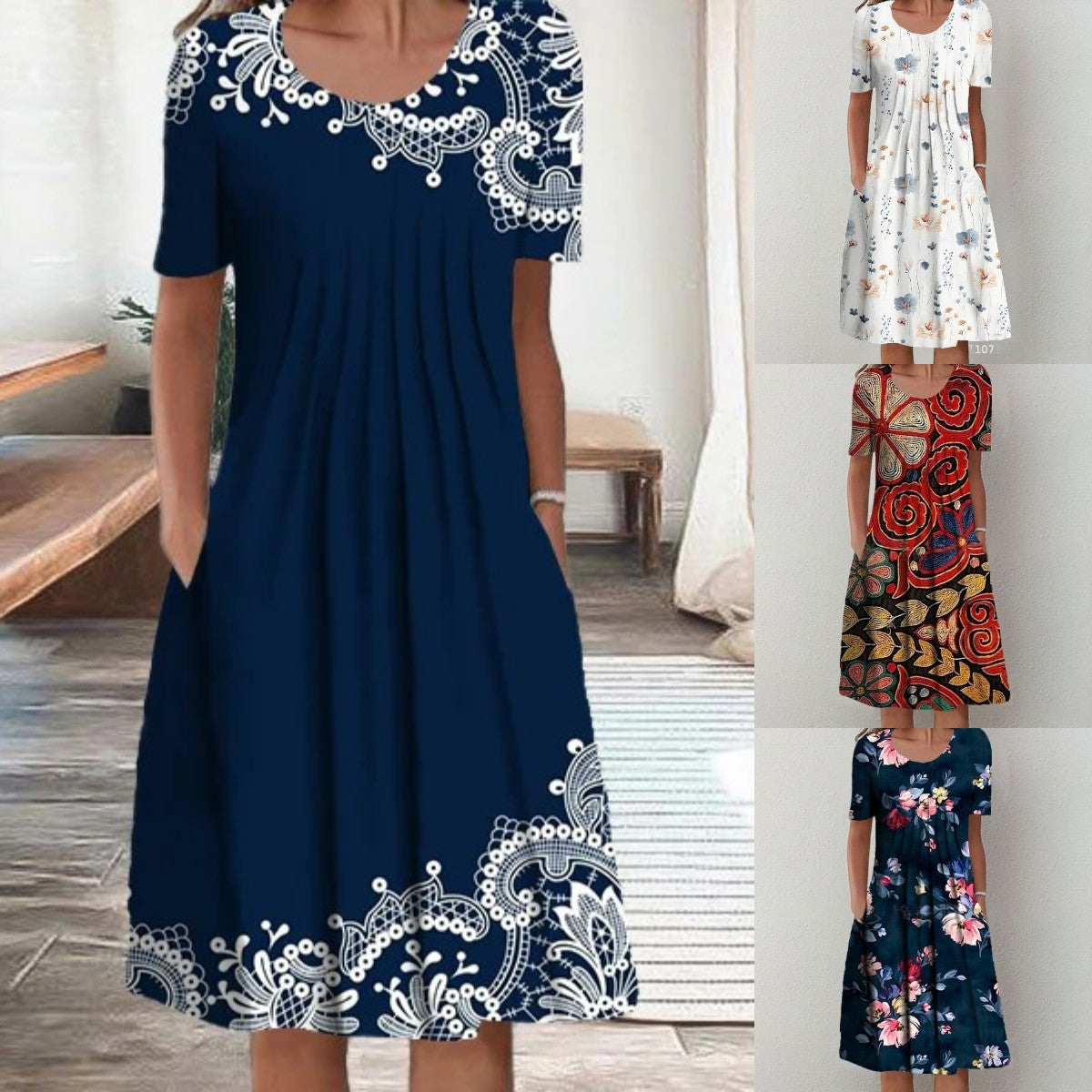 【50% kedvezmény】【S-5XL】 🌺🌺 Divatos, kerek nyakú, mintás ruha.