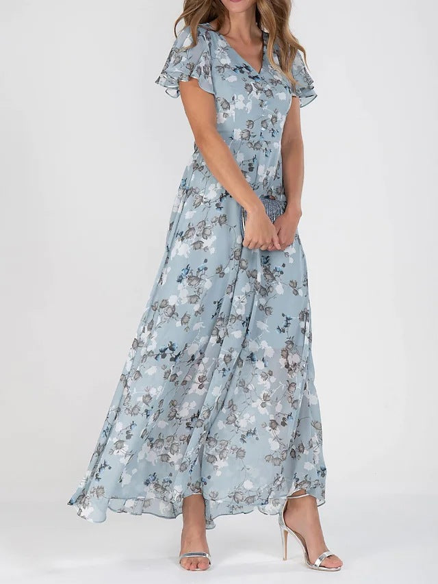 👗❤️【S-5XL】Стилна шифонена рокля с V-образно деколте и флорални волани✅【40-95 кг】