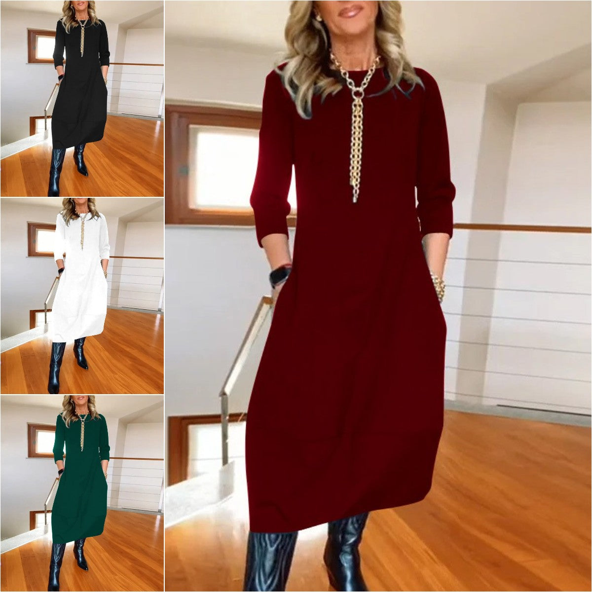 👗【S-5XL】 Jednofarebné dámske šaty s dlhým rukávom – pohodlné a vhodné na každodenné nosenie · jemná zimná zľava